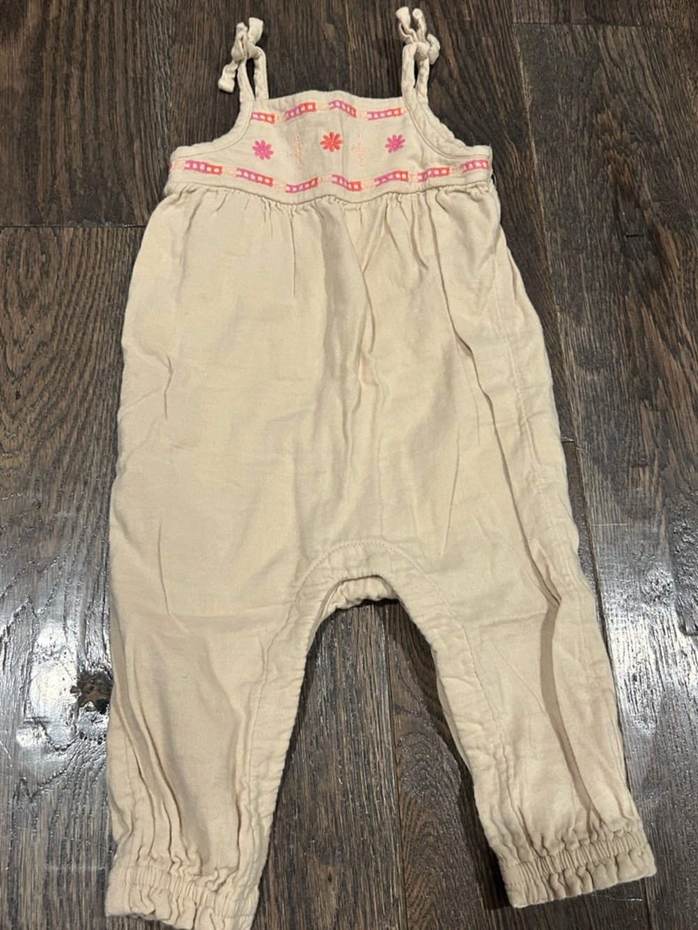 Old Navy Tan Girls' Cotton Jumpsuit with Pink Embroidery Size 6-12 Months